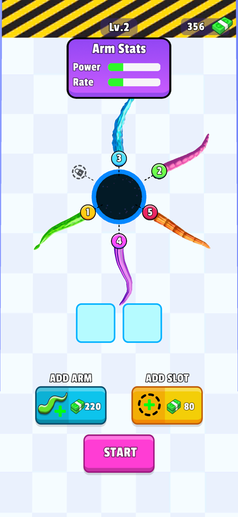 Alien Hole : Black Hole Games - Menu for upgrading and adding arms to the black hole in Alien Hole game