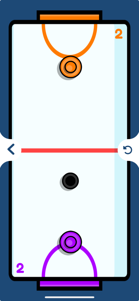 Offline Games - No WiFi Arcade - 오렌지와 보라색 패들이 있는 흰색 테이블의 디지털 에어하키 게임 플레이