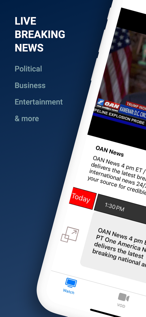 OAN Live mobile app interface showing live breaking news and program schedule