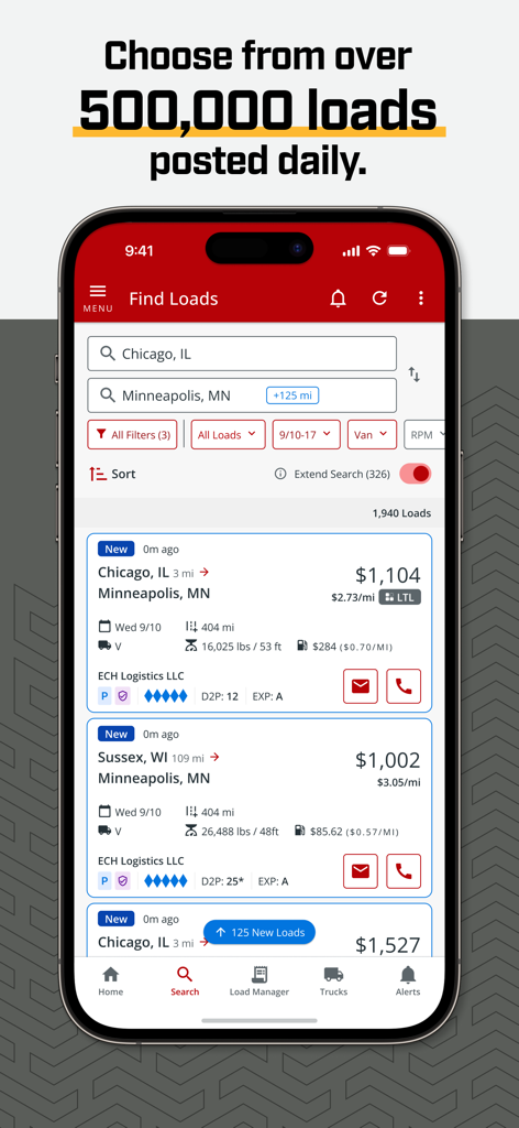 Interface of the Truckstop Go app displaying search results for freight loads between Chicago and Minneapolis.