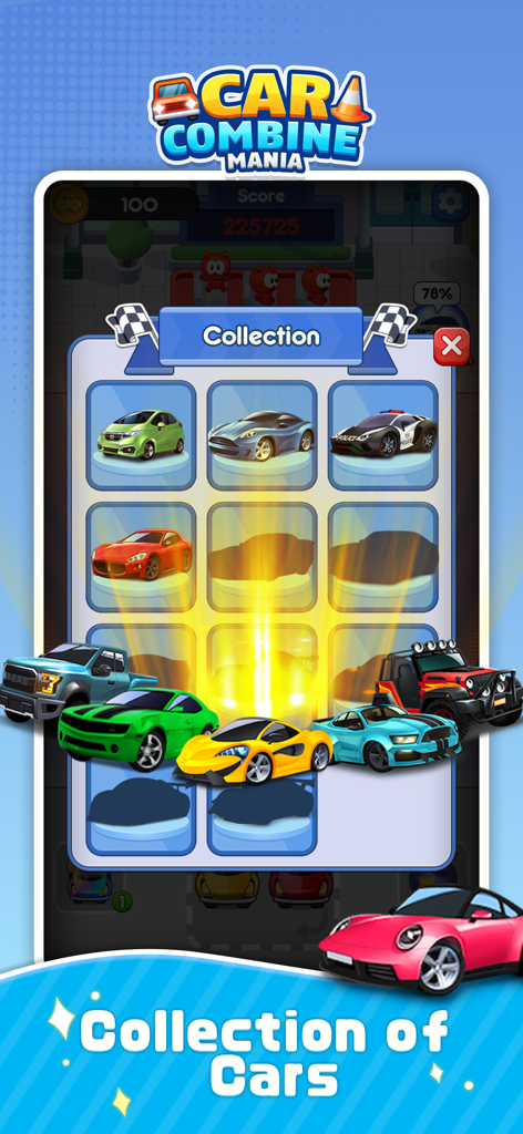 Car Combine Mania - Car Combine Mania game screen showing a collection of different unlocked vehicle models in a grid layout