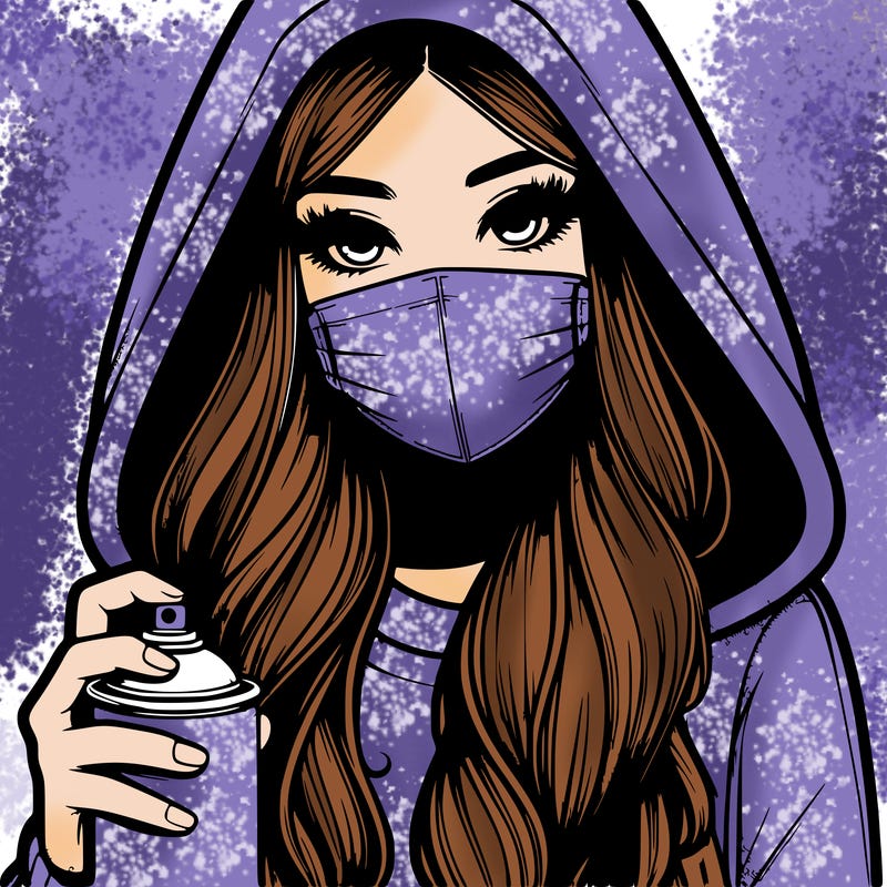 girl wearing a mask with long hair with her hood up spray-painting realistic