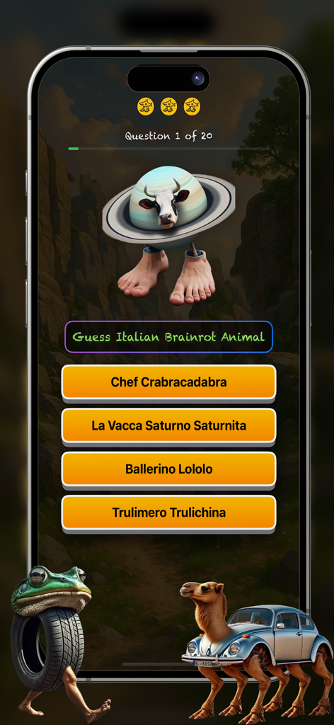 Italian Brainrot AI Prank - Italian Brainrot AI Prank app quiz interface showing a surreal cow Saturn hybrid character with multiple choice answers.