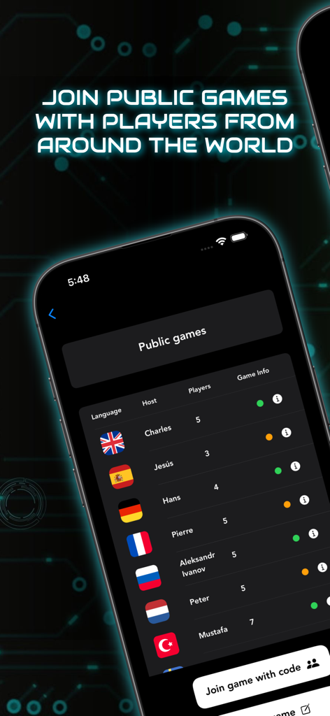 Public games lobby screen showing a list of available matches with international players and language flags.