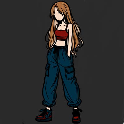girl in baggy pants crop top and long hair