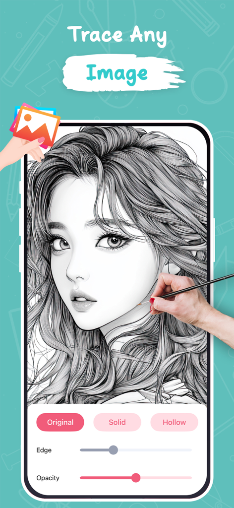 AR Draw Sketch & Trace © - Interface of AR Draw Sketch app showing a detailed anime portrait being traced on a smartphone screen with edge and opacity controls