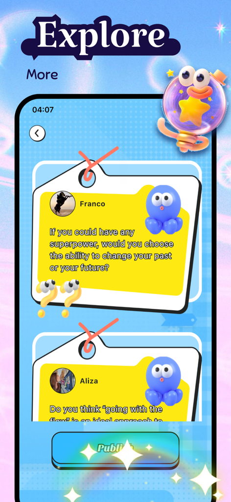 Explore page of Noura app showing community Q&A cards with hypothetical life questions.