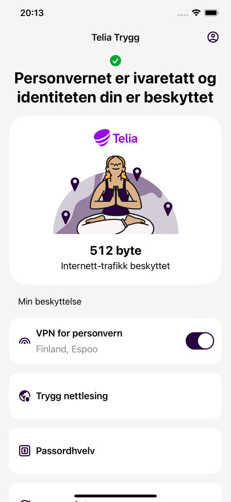 Telia Trygg - Telia Trygg app interface showing privacy protection status and security features including VPN and password vault