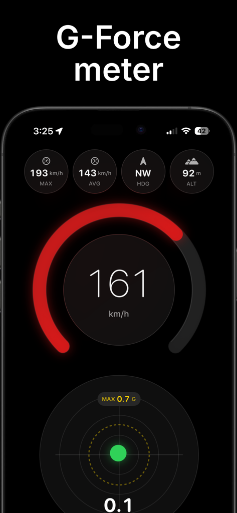 Speedra: GPS Speedometer - La aplicación Speedra mostrando el velocímetro en tiempo real y métricas del medidor de fuerza G en un iPhone