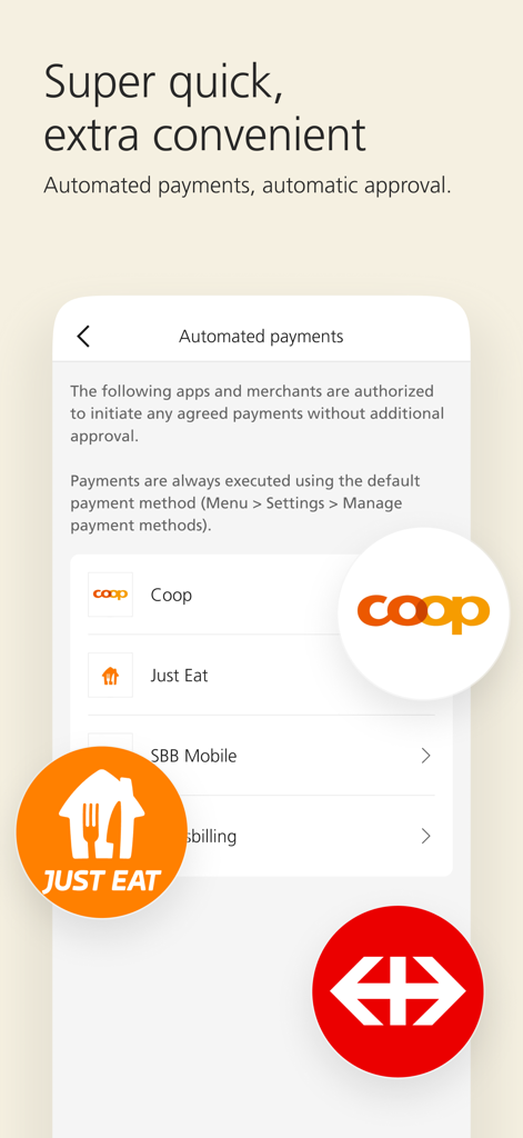 UBS TWINT app interface for managing automated payments with Swiss merchants like Coop Just Eat and SBB Mobile