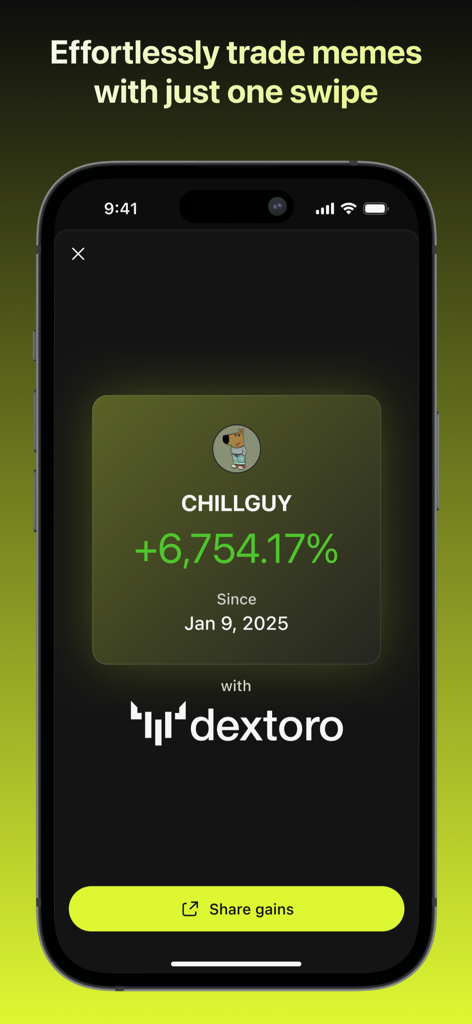 DexToro app screen showing a massive percentage gain on a memecoin with a share button.