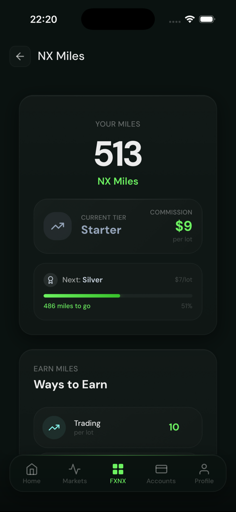 FXNX - FXNX app NX Miles dashboard showing points earned and tier status progress