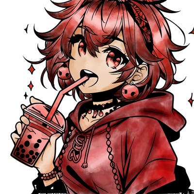 hot baddie anime girl drinking boba and biting the straw