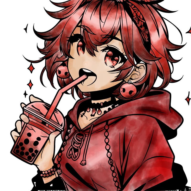 hot baddie anime girl drinking boba and biting the straw