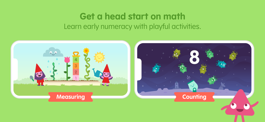 Telas do aplicativo Sago Mini School mostrando crianças medindo plantas e contando alienígenas para matemática precoce.