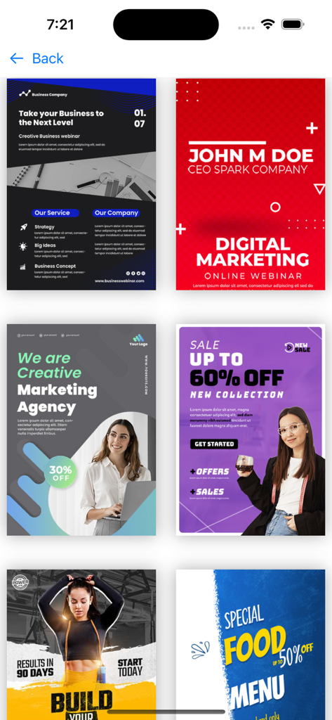 Poster Maker, Flyer design - Eine Sammlung professioneller Postervorlagen für Geschäftswebinare, Marketingagenturen, Einzelhandelsverkäufe, Fitnessstudio-Werbeaktionen und Speisekarten.