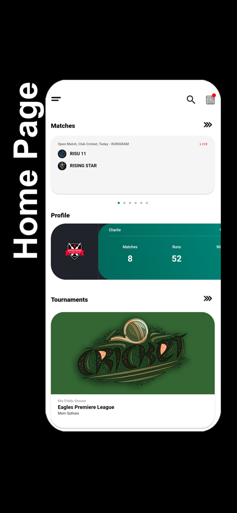 Home screen of the Stumps cricket scorer app displaying live matches player stats and tournament listings.