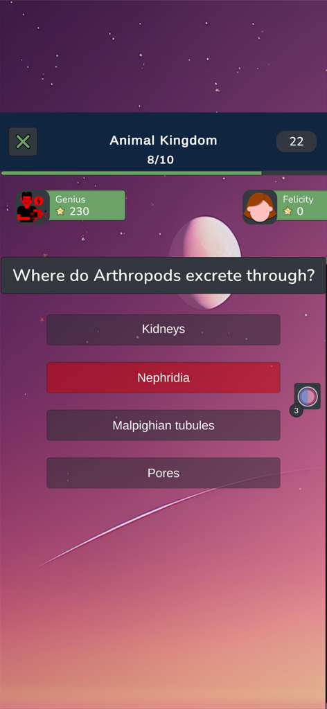 Zoology Knowledge Quiz - Tela multijogador do Quiz de Conhecimentos de Zoologia, apresentando uma pergunta de biologia com opções de múltipla escolha.