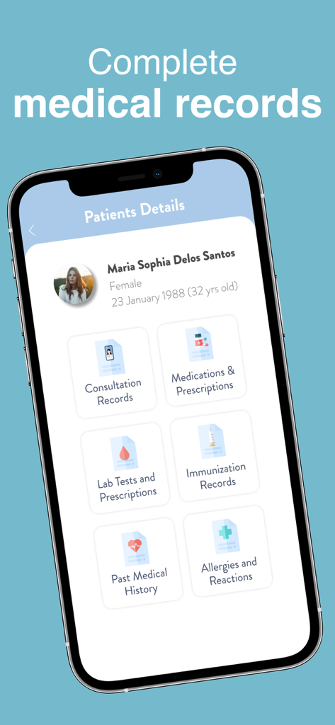 zennya health - Un teléfono inteligente que muestra la pantalla de detalles del paciente de la aplicación Zennya health con iconos para registros de consultas, medicamentos, pruebas de laboratorio e historial médico.