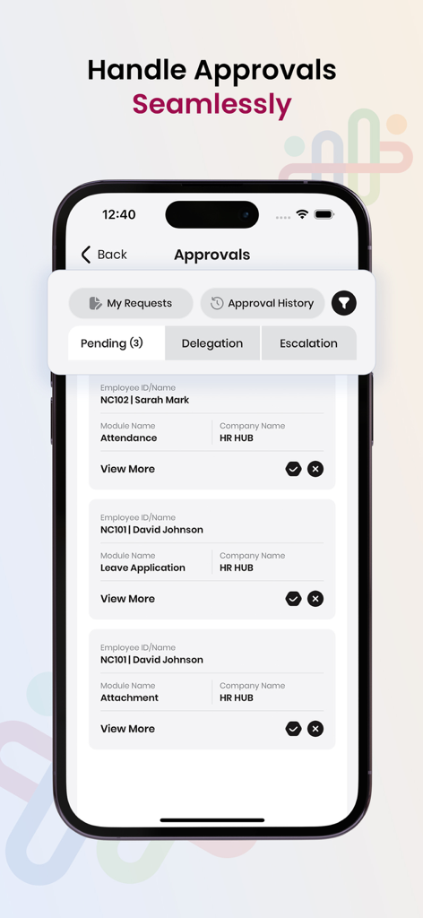 HR HUB: HRMS & Payroll App - Interfaz de aplicación móvil para gestionar aprobaciones de RR. HH., incluidas las solicitudes de asistencia y ausencias.