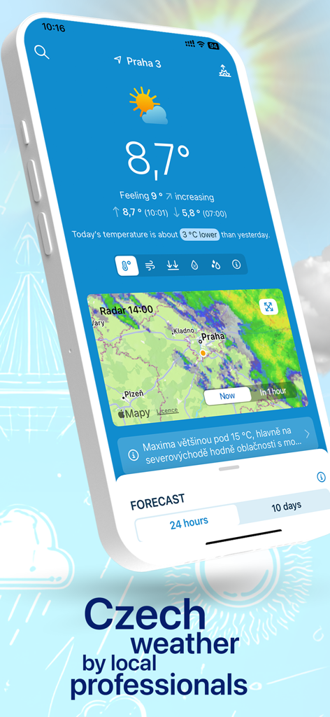 In-počasí - In-pocasi Wetter-App-Oberfläche mit Temperatur und Radar für Prag