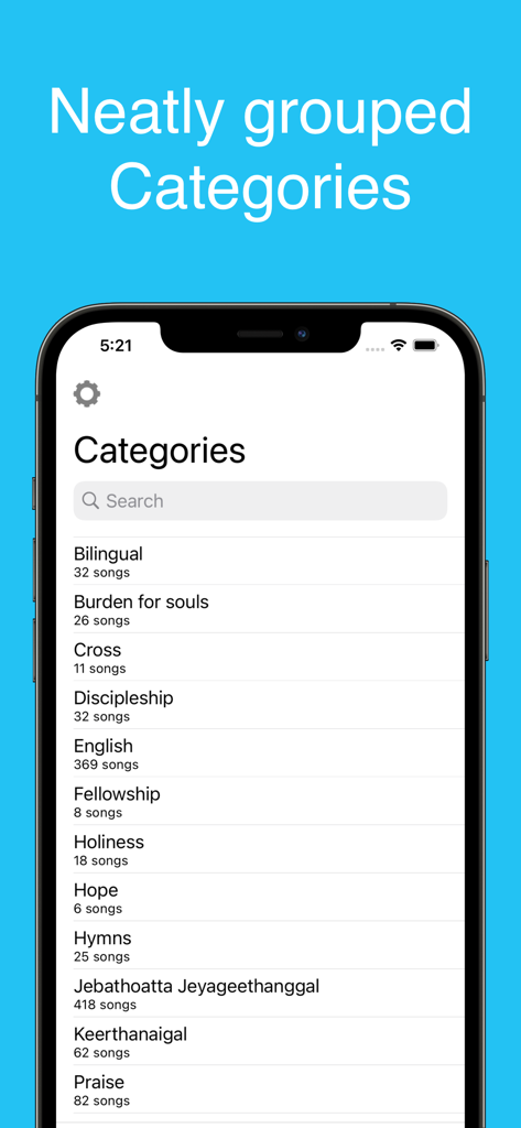Tamil Christian Worship Songs - A mobile screen showing neatly grouped song categories like Bilingual English and Hymns within the Tamil Christian Worship Songs app.