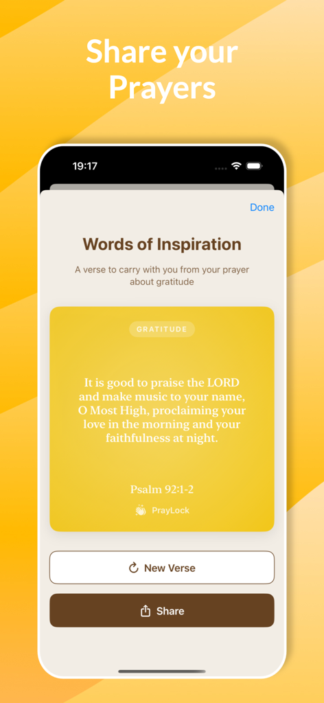 PrayLock app screen displaying a shareable Bible verse card with scripture from Psalm 92.