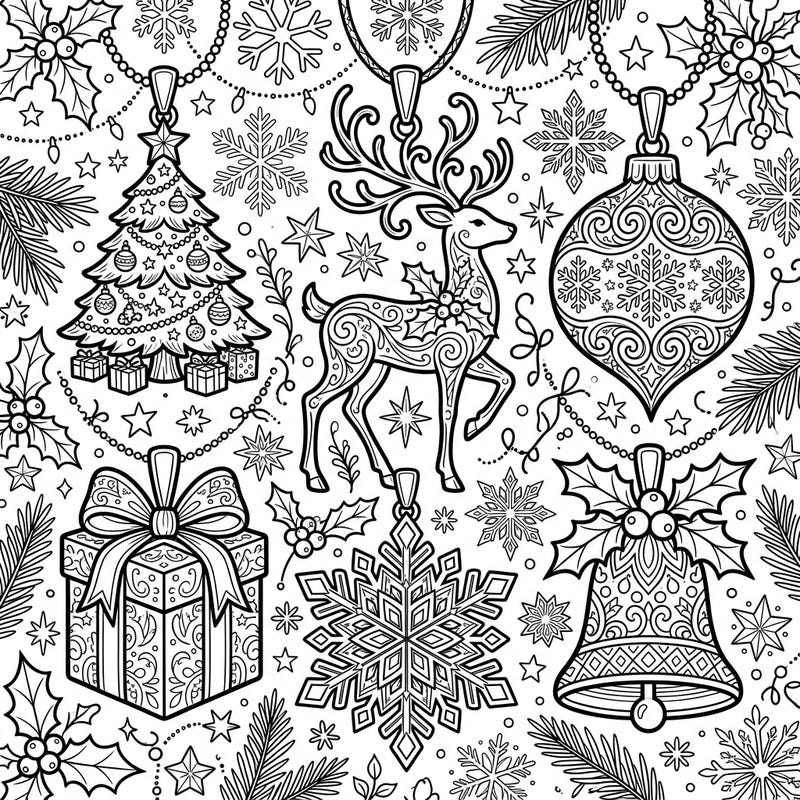 Explore a collection of intricately designed Christmas pendants, including festive trees, reindeer, and snowflakes. Perfect for a relaxing and creative holiday coloring session.