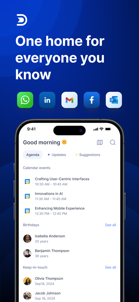 Dex - Rolodex and Personal CRM - Panel de la aplicación CRM personal Dex mostrando eventos del calendario, cumpleaños y recordatorios de relaciones.