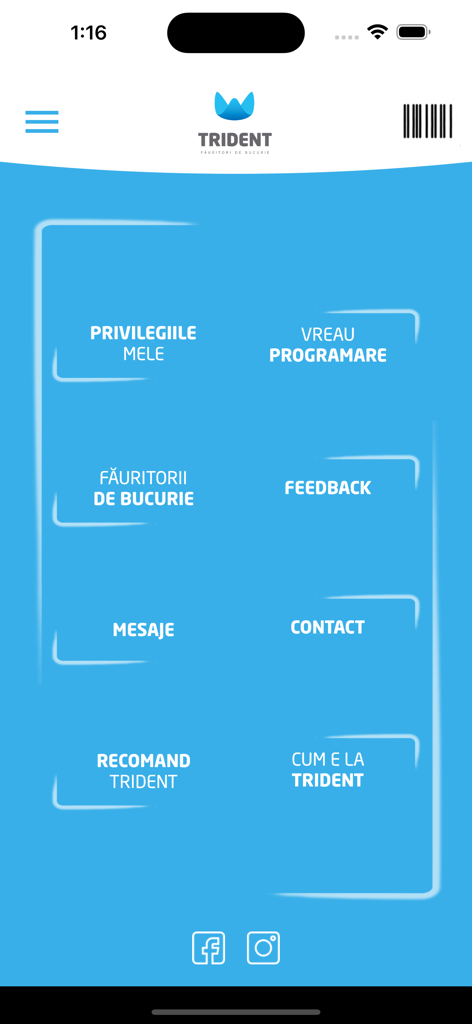 Main menu of the Trident dental clinic app showing options for booking appointments and contacting doctors