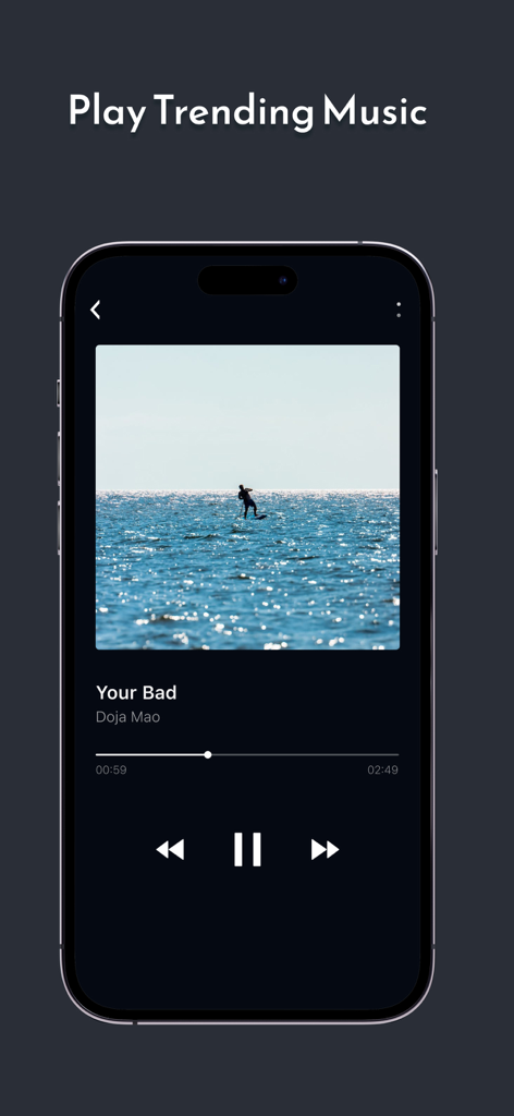 Musico Vision app music player interface on an iPhone showing trending music playback