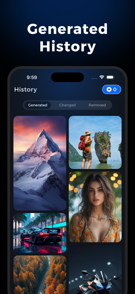 AI Background Generator - BGFX - Uma tela do aplicativo móvel intitulada Histórico Gerado mostrando uma grade de imagens criadas por IA, incluindo montanhas, pessoas e carros.