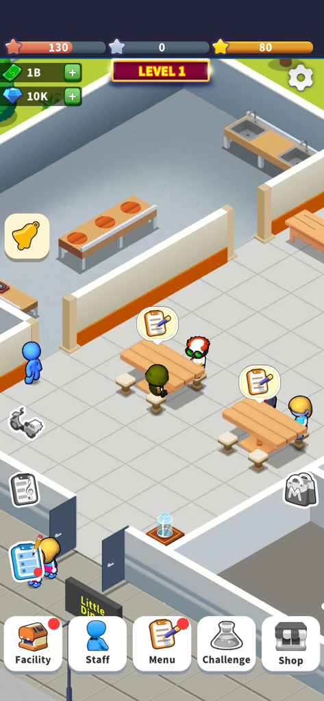 Little Restaurant - Vista cenital de un juego de simulación de restaurante casual con clientes y personal