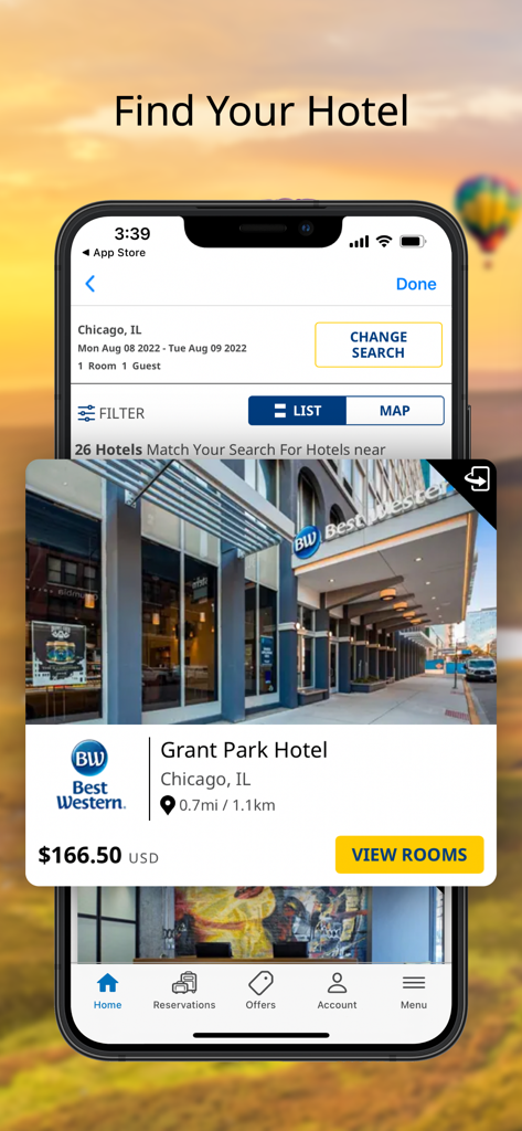 Best Western mobile app showing a hotel search result for Grant Park Hotel in Chicago