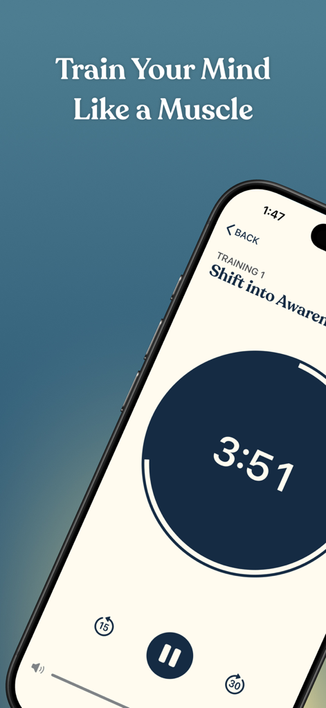 FitMind: Mental Fitness - FitMind App-Oberfläche, die eine geführte Meditations-Trainingseinheit mit dem Titel 'Shift into Awareness' zeigt