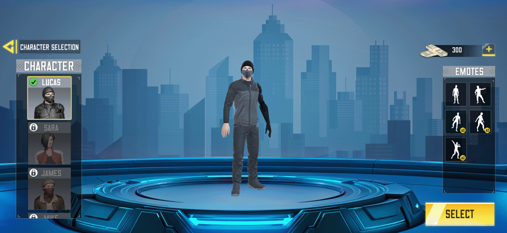 Elevated Run: City Freestyle - Character selection screen in Elevated Run City Freestyle showing the runner Lucas in urban gear with a city skyline background