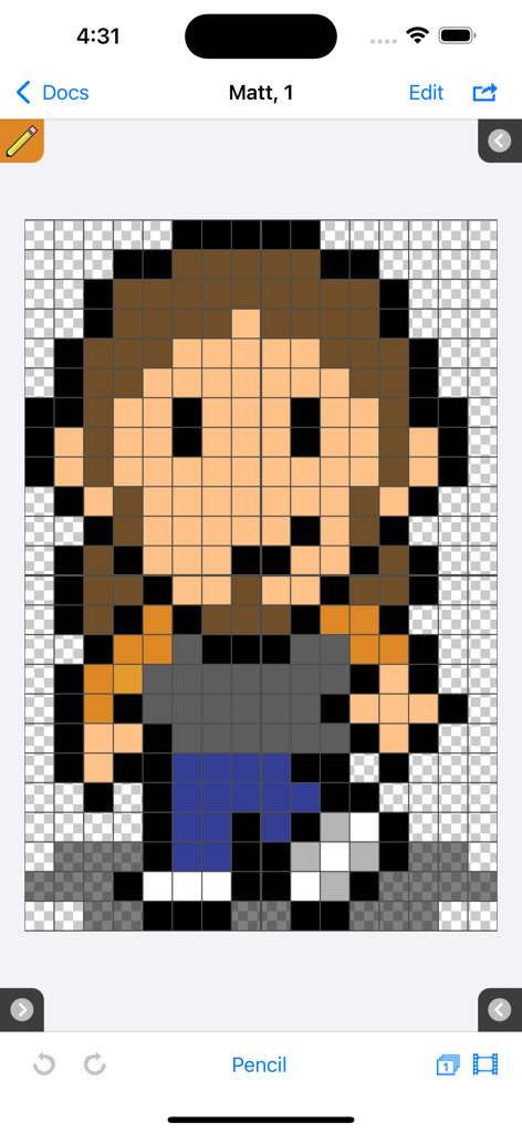 Sprite Something 앱에서 그리드 위에 픽셀 아트 캐릭터가 편집되고 있는 모습