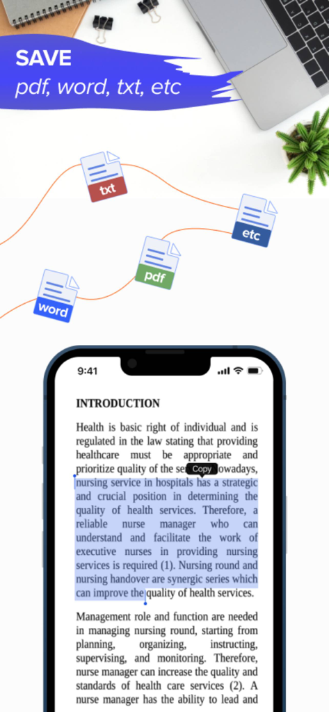 Clear Scanner - Clear Scanner app interface showing document text selection and export options for PDF Word and TXT files
