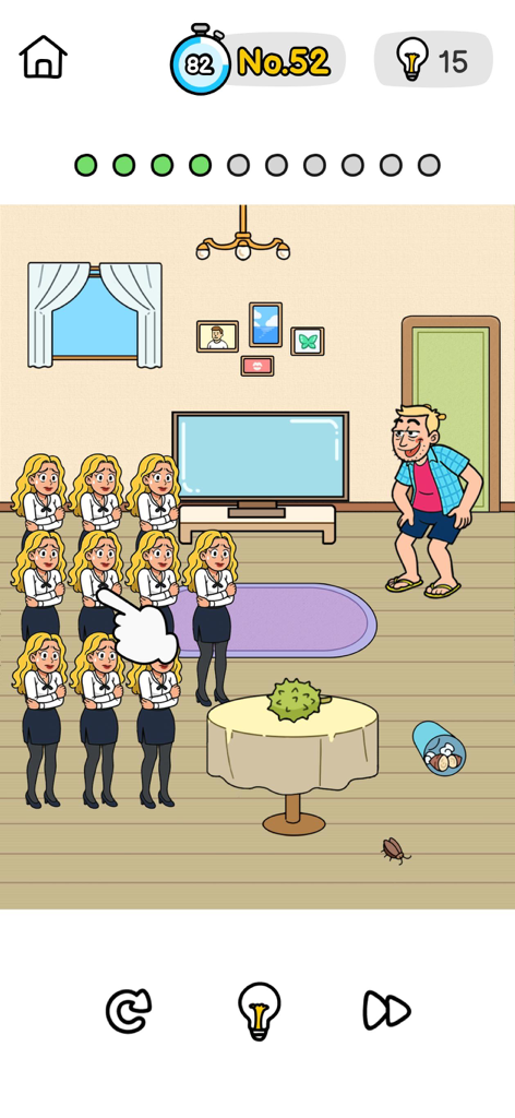 Brain Out 3 - Brain Out 3モバイルゲームのスクリーンショット。部屋にいる同じような女性のグループと男性が登場するパズルを表示。