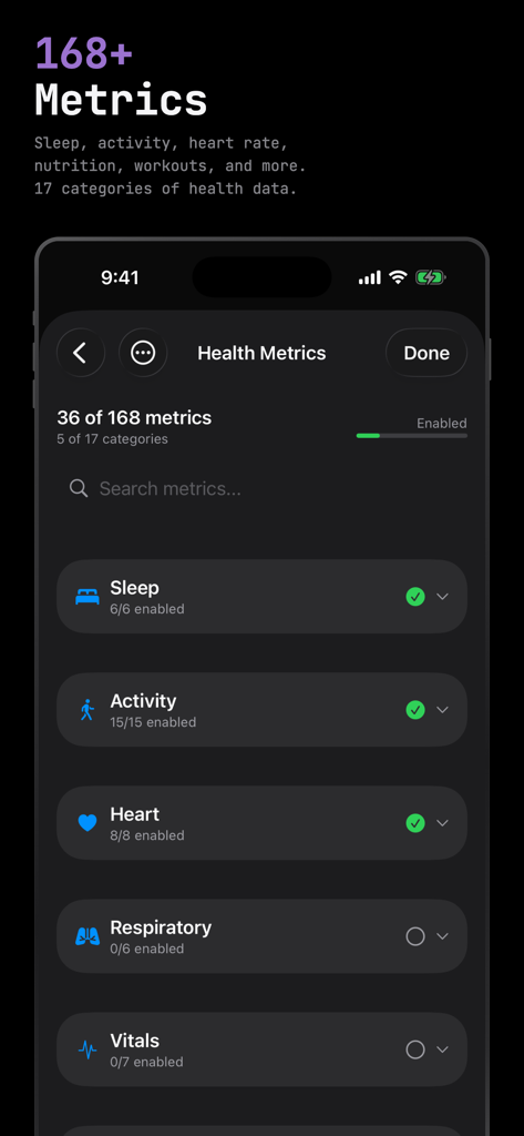 Interface of the Health.md app showing a list of health metrics like sleep, activity, and heart rate ready for selection and export.
