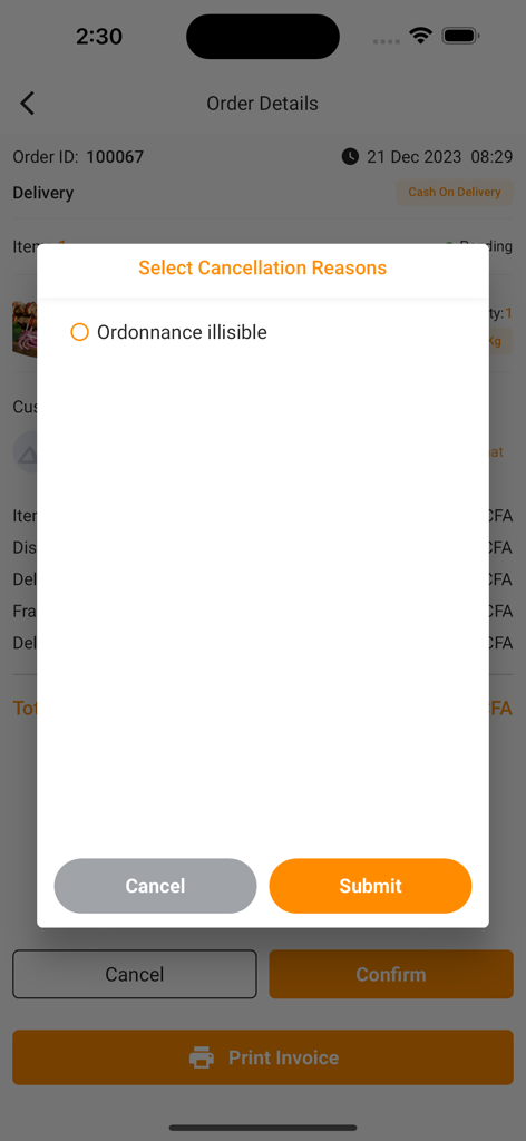 AfriShop: Product Delivery - Interfaz de la aplicación AfriShop que muestra los detalles del pedido y una ventana emergente para seleccionar un motivo de cancelación.