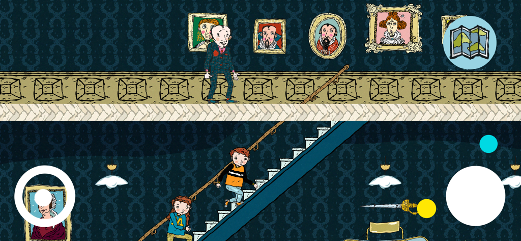 The JerryMaya Detective Agency - Characters Jerry and Maya exploring a house with portraits in the detective mystery game