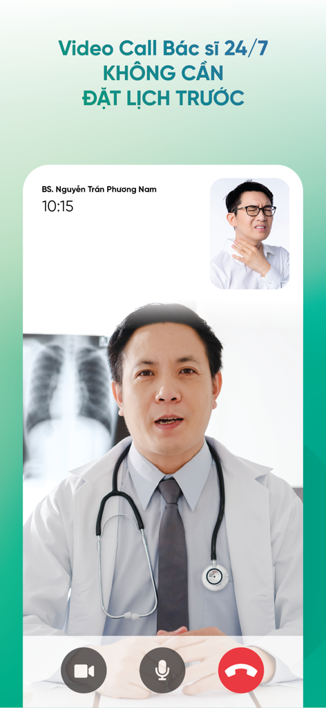 IVIE Bác sĩ ơi: Gọi Bác sĩ 247 - A mobile app interface showing a live video call between a doctor and a patient for medical consultation