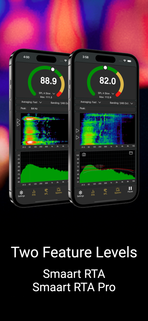 Smaart RTA - Two iPhones showing the difference between Smaart RTA and Smaart RTA Pro feature levels