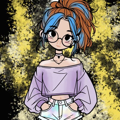 girl with a messy ponytail glasses a baggy crop top and jean shorts