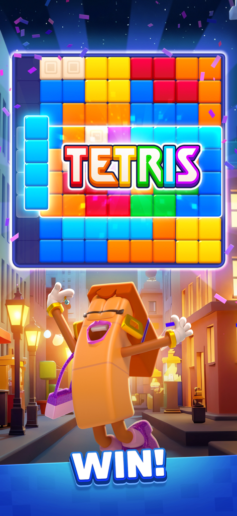 Tetris® Block Party - Ein stilvoller Tetris-Block-Charakter feiert einen Sieg vor einem bunten Puzzle-Gitter mit Konfetti.