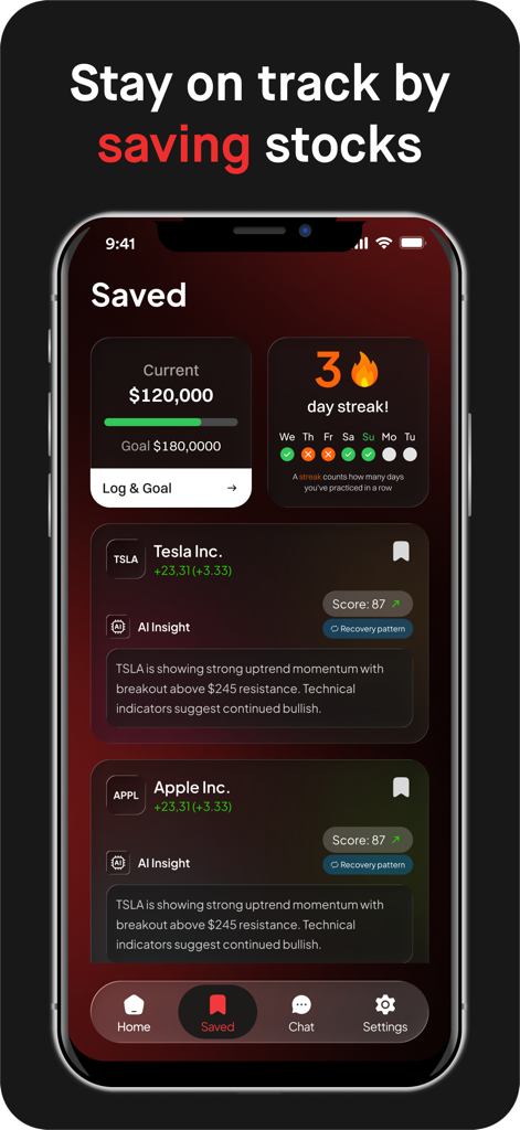 Tradr AI - Trading Bot - Tradr AI app dashboard showing saved stocks with AI trading insights and portfolio goal progress.