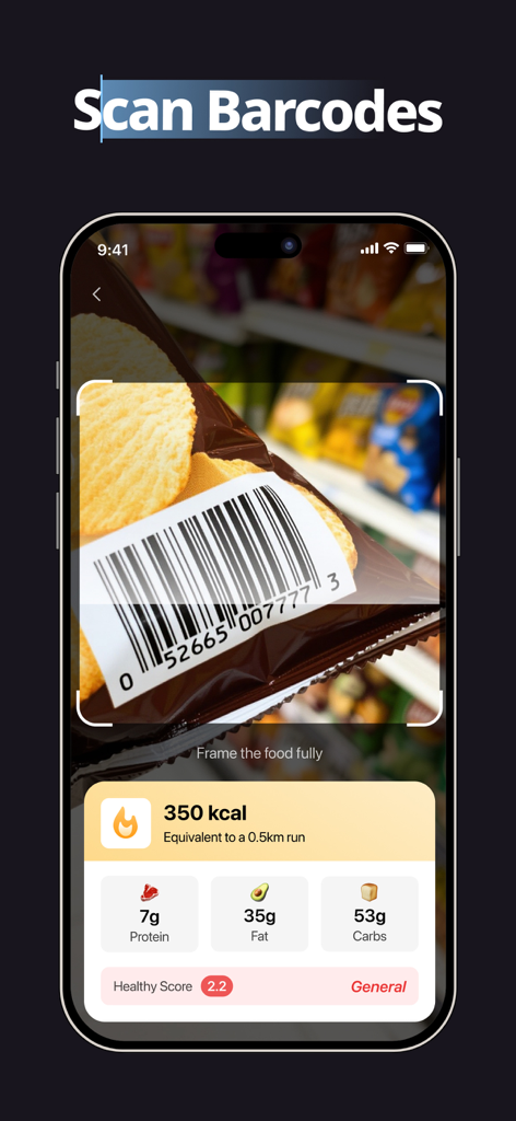 Escáner de código de barras de la aplicación CalBye que muestra información de calorías y proteínas para refrigerios
