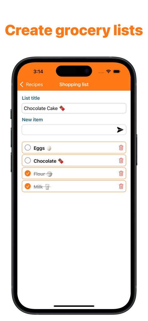 Recipe Cost Calculator App - A mobile screen showing the grocery list feature of the Recipe Cost Calculator app with ingredients for a chocolate cake recipe.