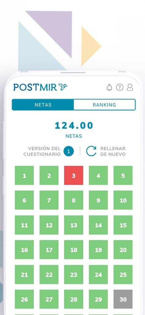 PostMIR - PostMIR app screen showing exam results with a grid of correct and incorrect answers